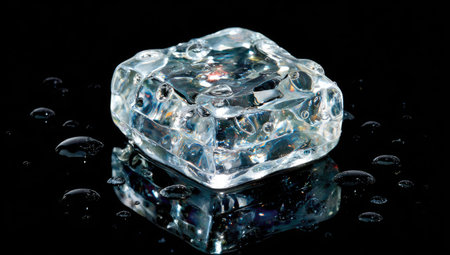 A clear ice cube sits on a reflective surface with water droplets. The cube displays a crystalline structure with highlights and shadows. The composition, with a stark contrast between light and dark, suggests a studio setting. This image could be used for various commercial and design applications.の素材