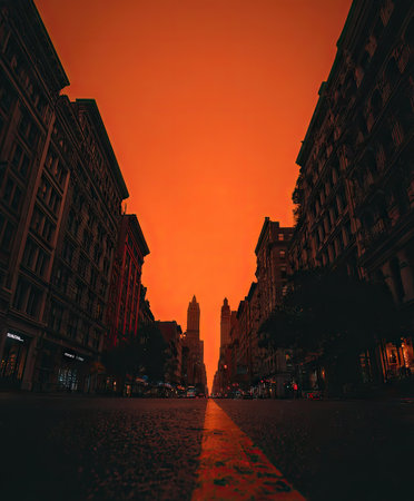 An urban scene captures tall buildings lining a street, leading towards the horizon under a striking orange sky. The image displays a low-angle perspective, showcasing the textures of buildings and pavement. The composition suggests a daytime scene with intense lighting, suitable for editorial and commercial purposes.の素材