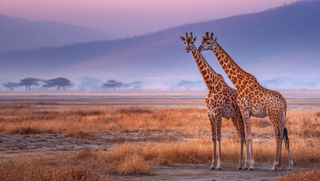 Two giraffes stand close together, showcasing their patterned hides and long necks. The image uses warm and cool tones, with a soft focus background featuring distant hills. The lighting suggests either sunrise or sunset, enhancing the natural setting. This image could be used in travel brochures or educational materials.の素材
