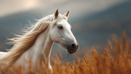 A white horse with a flowing mane is the central subject, positioned in a field. The image showcases natural lighting with a slightly blurred background. The composition includes textures of tall grass. The visual style is realistic and evokes a sense of freedom, suitable for various editorial and commercial applications.の素材