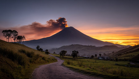 A dramatic landscape features a volcano erupting against a colorful sunset sky. The image captures the raw power of nature with a dark plume rising above the mountain. The scene is composed of rolling hills, a road, and a vibrant gradient of colors. Suitable for editorial and commercial applications.の素材