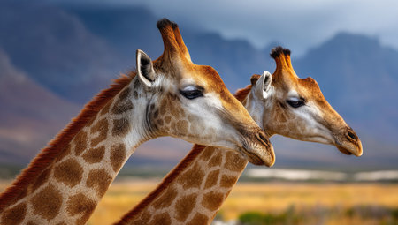 Two giraffes are captured in a medium shot, showcasing their long necks and distinctive spotted patterns. The image uses shallow depth of field, with a blurred background of a field and mountains. The lighting appears natural. Suitable for various commercial and editorial projects.の素材