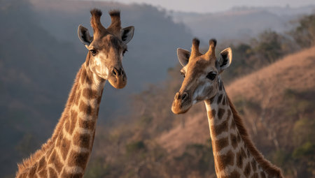 Two giraffes are presented with their long necks and patterned coats in sharp focus. The image features a warm color palette with earthy tones, suggesting a daytime setting with soft, natural light. The composition could serve diverse commercial or editorial purposes, and conveys wildlife naturalism.の素材