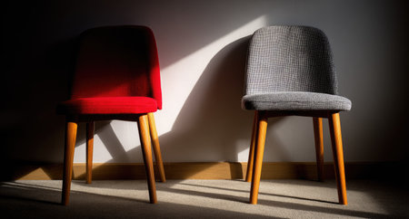 Two chairs with wooden legs and upholstered seats stand against a brightly lit wall. One chair features red upholstery, and the other, gray. The scene utilizes strong lighting, emphasizing shadows. Suitable for various design projects, the image could be used to illustrate concepts related to interior design or furniture.の素材