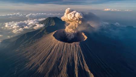 An aerial perspective showcases a volcanic eruption releasing ash into the atmosphere. The image features a brown volcano with a large crater, accompanied by dense white clouds. The scene is captured with soft lighting, creating a dramatic effect. Potential uses include educational materials and environmental reports.の素材