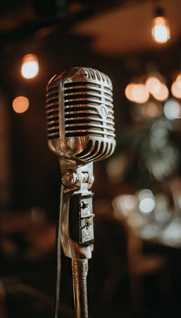 A classic, silver microphone stands prominently in this image, set against a blurred background. The photograph showcases warm tones and soft lighting, complemented by bokeh effects. This image could be used for projects related to music, entertainment, or communication, suitable for both commercial and editorial purposes.の素材
