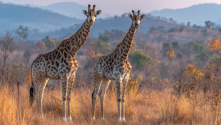 Two giraffes stand tall in a dry, open field, their spotted coats blending with the muted tones of the surrounding landscape. The composition highlights their long necks against a backdrop of hills and sparse vegetation. This image could be used in publications, educational material, or various commercial projects.の素材