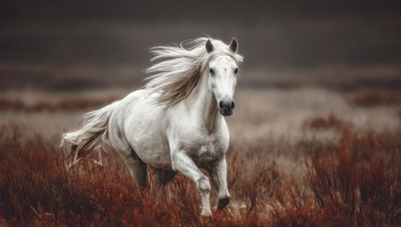 A white horse is captured in motion, running through a field of tall brown and red grasses. The image displays a dynamic composition with a blurred background, natural lighting, and soft textures. Suitable for various commercial and editorial projects, this image evokes a sense of freedom.の素材