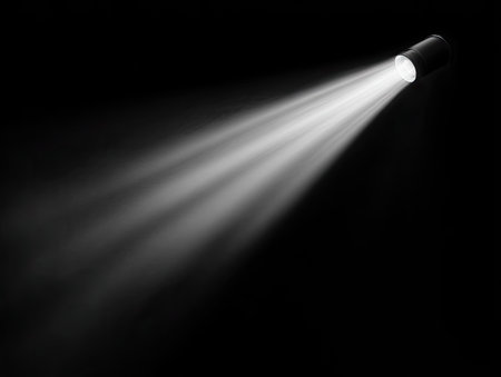 A bright, angled spotlight beam shines against a deep black background. The illumination appears white, showcasing a focused light source. The image features a minimalist composition emphasizing the contrast between light and shadow. Ideal for commercial or editorial applications requiring dramatic visual impact.の素材
