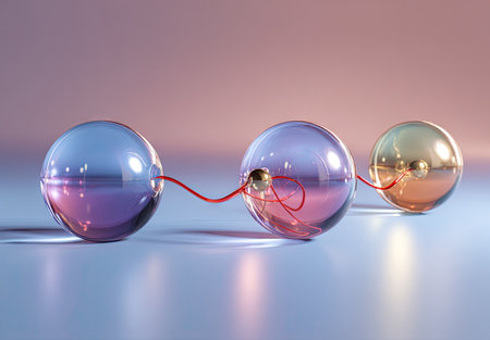 Three reflective spheres are connected by red wires, set against a gradient background. The spheres display hues of blue, pink, and gold, with detailed reflections. The composition features a clean, minimalist style with soft lighting. It is suitable for a variety of uses, from advertising to editorial illustrations.の素材