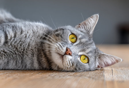 A close-up shot features a gray tabby cat with striking yellow eyes. The feline is lying down on a wooden surface, possibly indoors, against a blurred background. The composition and lighting highlight the cat's fur and eyes, suggesting its potential use for pet care or lifestyle content.の素材