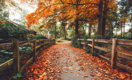 A pathway winds through a forest under a canopy of autumn foliage. Fallen leaves blanket the ground, illuminated by natural sunlight. A wooden fence borders the path. This serene landscape can be used for various commercial applications, including editorial projects and visual storytelling.の素材