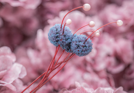 An artistic image showcases a delicate floral arrangement with soft blue spherical elements contrasted against a blurred pink backdrop. The texture suggests a crafted style with emphasis on the floral parts. Suitable for commercial and editorial purposes, this image emphasizes natural beauty and intricate design.の素材