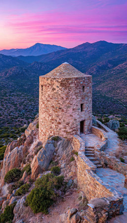 An old stone tower stands atop a rocky hill, its weathered facade contrasting with the surrounding landscape. The image presents a tranquil scene, highlighting the tower's architecture. The sunset sky paints a vibrant purple and pink gradient. Suitable for diverse editorial and commercial projects needing historical or natural themes.の素材