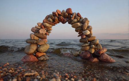 A stone arch stands in shallow water under a light blue sky. The composition displays an artistic rock structure. The scene shows a peaceful daytime environment. This image could be suitable for a variety of visual communication projects, including editorial or advertising content.の素材
