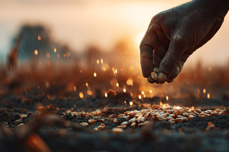 A hand carefully plants seeds into dark soil. The image uses shallow depth of field to emphasize the seeds and hand. The warm golden sunlight creates a sense of hope. Suitable for commercial uses like agriculture, farming, nature and growth.の素材
