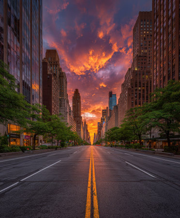 A perspective view showcases a cityscape street with tall buildings and a striking sunset. The image features a road with lane markings leading toward the horizon. The sky is filled with vibrant hues. The composition is ideal for various commercial and editorial uses.の素材