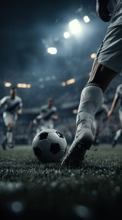 A soccer player is captured mid-kick, with the ball positioned on the grass field. The image showcases a dynamic composition with a low-angle perspective. The lighting suggests an evening game. This image could be utilized for sports publications or commercial advertisements.の素材