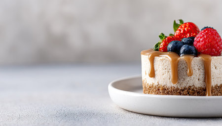 A single cheesecake sits on a white plate, adorned with caramel drizzle and fresh berries. The dessert showcases a light-colored filling atop a crumb crust. The composition is well-lit against a soft, blurred background, potentially suitable for culinary promotions and various food-related editorial uses.の素材