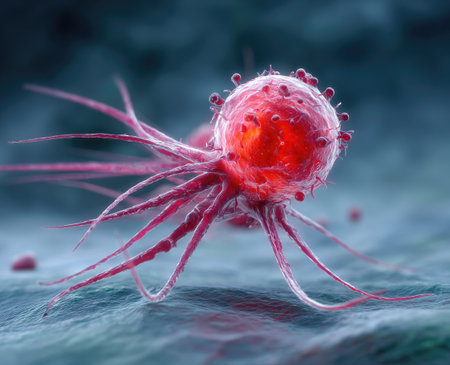 A detailed illustration presents a red virus cell with several elongated appendages extending from its spherical body. The visual emphasizes the cell's intricate structure, set against a blurry, blue background. The image employs soft lighting and a focus on the central subject. It may be suitable for science, healthcare, or educational applications.の素材