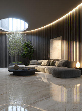 A contemporary living room showcases a sectional sofa with neutral tones and reflective flooring. The design incorporates wood paneling, ambient lighting, and a circular skylight. The scene suggests a modern, minimalist aesthetic, ideal for architectural visualizations or interior design concepts, possibly for editorial or promotional purposes.の素材