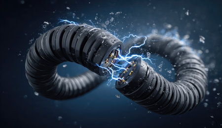 A close-up shows a black electrical cable with sparking blue electricity flowing between severed ends. The image presents a dark background and dynamic composition highlighting the energy transfer. Ideal for illustrating concepts related to technology, energy, or electrical engineering. Suitable for various commercial and editorial applications.の素材