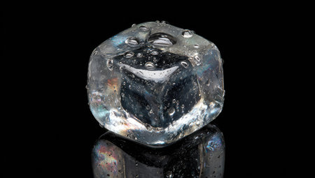 The image presents a close-up view of a transparent, cube-shaped ice formation with visible water droplets. The form appears illuminated against a stark black background, enhancing its reflective qualities. This composition emphasizes texture and clarity, suitable for various commercial projects, including advertising and design applications. The lighting suggests studio environment.の素材