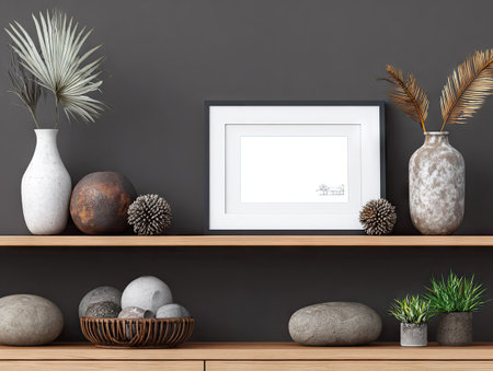 A framed artwork sits on a wooden shelf, surrounded by decorative items like vases, plants, and stones. The composition showcases neutral colors and textures, set against a dark background. This image can be used for home decor, interior design, or creative projects. The lighting is soft and even, highlighting the details.の素材