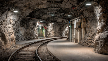 A view captures railroad tracks curving into a dimly lit tunnel. The scene features rough stone walls, overhead lighting, and a sense of depth. The composition suggests a subterranean setting. Potential uses include illustrations about exploration, infrastructure, or industrial environments.の素材