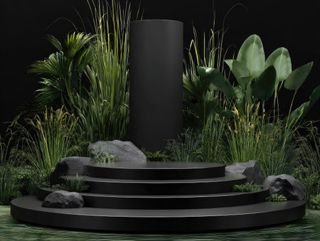 A black platform is surrounded by vibrant green foliage, creating a striking contrast. The image showcases a cylindrical structure rising behind the platform and rocks. The composition features a dark, natural setting, lit with even lighting. It is suitable for commercial purposes like product presentations and marketing materials.の素材
