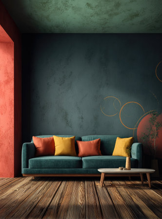 A living room interior showcases a teal sofa with vibrant orange and yellow pillows. The scene highlights a dark teal wall with abstract artwork, a red wall, and hardwood flooring. Soft lighting creates a warm atmosphere, ideal for decorative and design projects. Suitable for various commercial applications.の素材