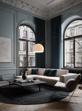 An interior view depicts a sophisticated living room with arch windows and a contemporary design. The room features soft pastel colors, a modern sofa, and a stylish lamp. The composition suggests a bright indoor environment, suitable for residential and commercial applications. It can be used in design publications.の素材