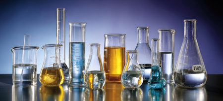 Various laboratory flasks and beakers containing colorful liquids are displayed against a dark gradient backdrop. The collection includes different shapes and sizes, with liquids in shades of yellow, blue, and clear. The lighting suggests an indoor environment, suitable for scientific and research illustrations.の素材