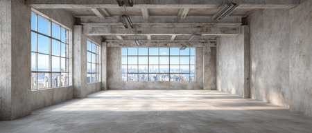 An empty, modern industrial loft space is depicted, featuring large windows offering an exterior cityscape view. The interior showcases concrete walls and floors, with overhead lighting. The composition creates a minimalist, neutral backdrop for potential commercial or design applications.の素材
