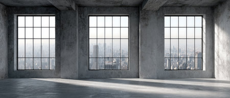 An empty, industrial interior space features large windows, allowing sunlight to stream in. The room is defined by its concrete walls and floors, creating a minimalist aesthetic. The composition focuses on the interplay of light and shadow, with hints of an urban environment visible outside. Suitable for various commercial and design applications.の素材