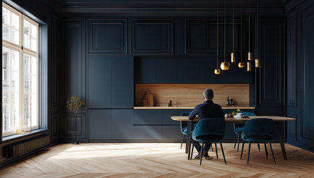An interior scene showcases a person seated at a dining table. The room features dark blue paneling, wooden flooring, and a bright window. The lighting is a mix of natural and artificial sources. This image could be used for commercial or editorial purposes, illustrating home decor, architecture, or lifestyle.の素材