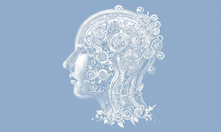 An artistic illustration presents a detailed profile of a human head overlaid with mechanical gears and floral elements. Rendered in white against a light blue backdrop, the image features a clean, minimalist style. The composition may serve various commercial applications such as design, technology, or conceptual projects.の素材