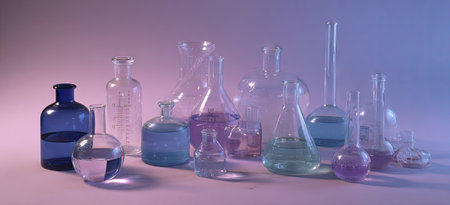 A collection of laboratory glassware, including flasks, beakers, and bottles, are displayed against a gradient background. The glass containers hold colorful liquids, bathed in soft lighting. This image could be used to illustrate scientific concepts, experiments, or themes related to research and medicine.の素材