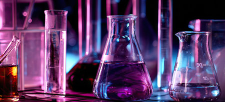 Various laboratory glassware filled with colorful liquids are illuminated against a dark backdrop. The composition includes conical flasks and test tubes, exhibiting reflective qualities. The image suggests a research setting with potential uses in science, education, or commercial applications related to chemistry or laboratory work.の素材