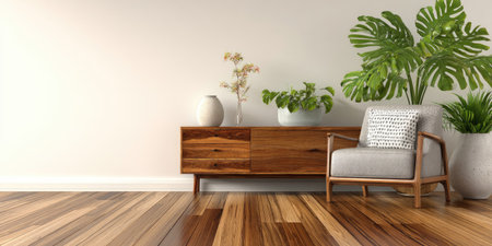 The interior scene showcases wooden furniture, including a cabinet and a chair with a pillow, complemented by various potted plants. The composition features warm tones and natural light, creating a cozy and inviting atmosphere. It is suitable for commercial and editorial projects related to home decor, lifestyle, and design.の素材