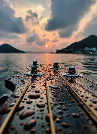 An acoustic guitar rests in water with a blurred background of a vibrant sunset. Water droplets cover the instrument, reflecting the colorful sky above the calm ocean. The composition features a close-up perspective of the guitar with mountains in the distance, suitable for artistic or musical themes.の素材