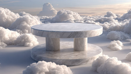 A round marble pedestal is set against a backdrop of soft, billowing white clouds. The image displays a clean, bright aesthetic, with the stage appearing to float in the sky. The composition suggests a focus on product display or conceptual representation, suitable for various commercial and editorial applications.の素材