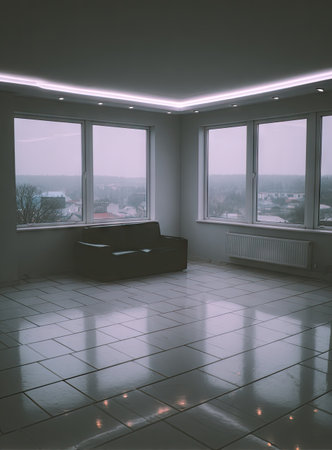 An empty interior showcases a dark sofa placed beneath windows in a spacious room. The space is illuminated with overhead lighting, reflecting off the tiled floor. The overall color scheme is subdued, creating a cool atmosphere. This image is suitable for various commercial applications, showcasing modern design aesthetics.の素材