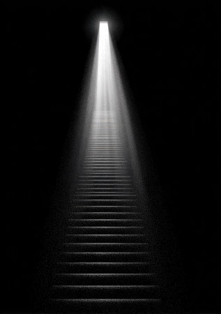 A long staircase ascends towards a bright, emanating light, creating a strong visual contrast against the black background. The image presents a graphic, minimalist style, emphasizing lines, textures, and shadows. The overall composition and lighting suggest a sense of mystery and invitation, suitable for editorial or commercial purposes.の素材