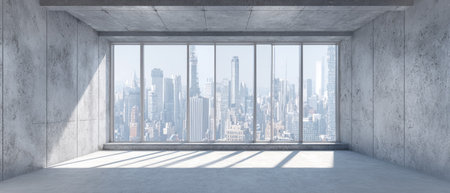 A contemporary interior space features a minimalist design with concrete walls and flooring. Large windows offer a bright view of a distant cityscape. The composition emphasizes clean lines and the interplay of light and shadow, creating a sense of openness. Suitable for commercial or editorial purposes, it suggests a space for meetings or design.の素材