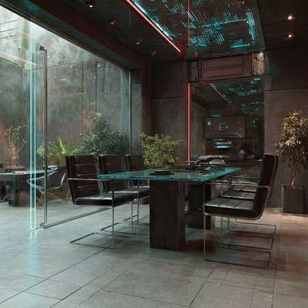 An interior view presents a contemporary conference room, featuring a transparent glass table surrounded by black chairs. The room incorporates a modern aesthetic with clean lines and a neutral color palette. Natural light streams through large windows, illuminating indoor plants. Suitable for commercial uses or website design.の素材
