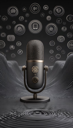 A detailed rendering presents a metallic microphone in a studio setting. The microphone is centered with a dark background, displaying soundwave patterns and audio symbols. This composition uses shades of gray, highlighting texture and form. Ideal for illustrating audio production, music creation, or related projects.の素材