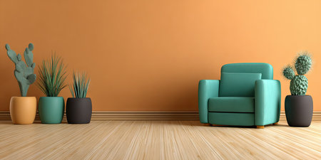 A contemporary interior scene showcases a teal armchair and an assortment of potted plants. The composition uses warm orange tones on the wall, complemented by wooden flooring. This setup is suitable for projects relating to home decor, design, and lifestyle content. The image could be employed in various commercial and editorial applications.の素材