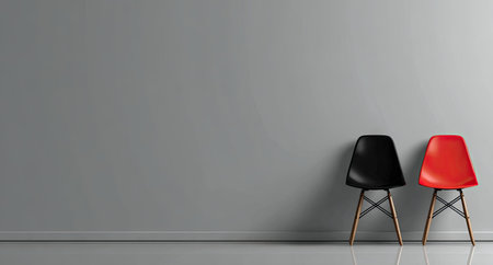 Two contemporary chairs stand before a neutral gray wall, creating a minimalist visual. The chairs feature a black and a red seat, and are set on wooden legs. The composition employs a straightforward, overhead lighting setup. This image may be appropriate for websites, advertising, or print media.の素材