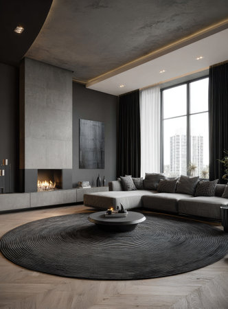 This image showcases a contemporary living room featuring a fireplace and stylish furniture. The color palette is dominated by gray and black tones, creating a sophisticated ambiance. Natural light streams through large windows, illuminating the textures of the rug, sofa, and architectural elements. It's suitable for architectural design, real estate, or interior design projects.の素材